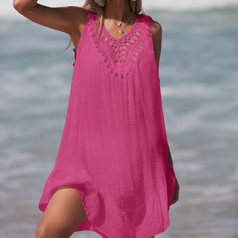 Womens Boho Beach Cover-Up Dress - Crochet V-Neck Sleeveless Mini Dress
